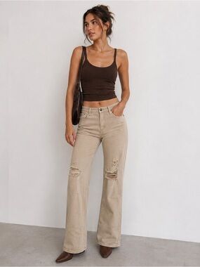Judy Blue Beige Distressed Straight Leg Jeans Mid Rise Stretch Denim 15/32